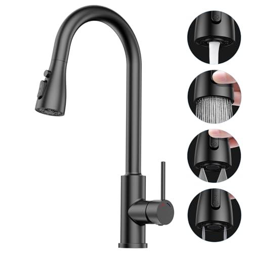 Rubinetto Lavello Cucina,SREWOHS PRO Rubinetto Cucina con Doccetta Estraibile con 4 Doccetta Modelli di Spruzzo,Rubinetto cucina in acciaio inox ad alto arco a 360°,Flessibile Rubinetto Cucina,Nero