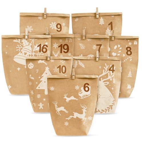 Calendario dell'Avvento da riempire, 24 calendario avvento fai da te Sacchetti di per Natale - Sacchetti di Carta con Adesivi numerici（Con clip in legno）