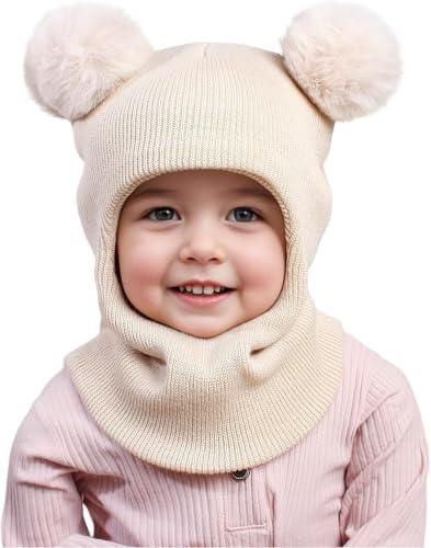 DRESHOW Cappello Passamontagna Bambino Inverno Bambini Cappello Invernali Calda Cappuccio con Morbido a Maglia Sciarpa con Pompom per Bambini Ragazzi Ragazze 1-6 Anni