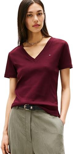 Tommy Hilfiger Donna T-Shirt Maniche Corte New Slim Cody con Scollo a V, Rosso (Deep Burgundy), M