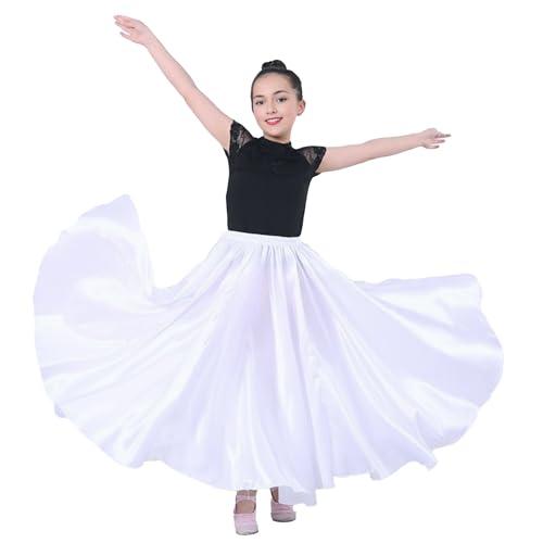 Baisdan Gonna per Danza del Ventre per Ragazze, Gonna Lunga in Raso Cerchio Completo per Danza del Ventre, Costume da Ballo Flamenco,Bianco 8-12 Anni