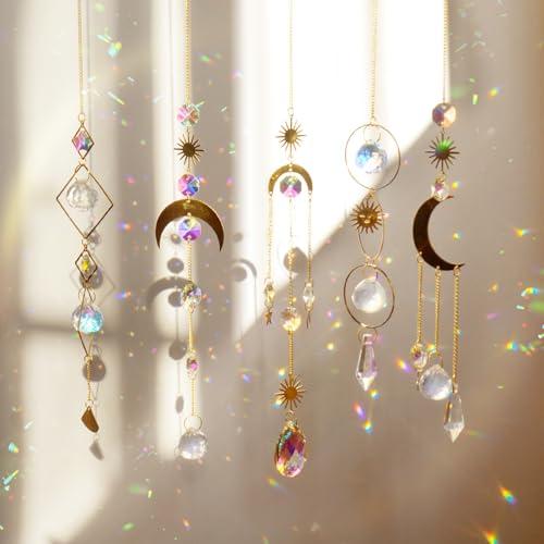 5 Pezzi Acchiappasole Cristallo Appeso Scacciapensieri Arcobaleno Sole Luna Ciondolo Ornamento Sfere per Finestra Casa Giardino Natale Giorno Festa Matrimonio