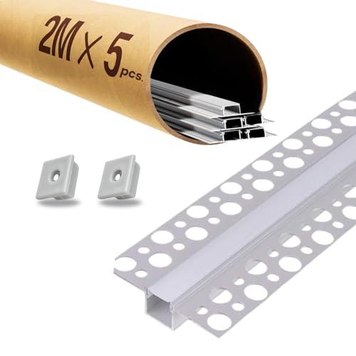 Evotrade – Confezione Promo 2M x 5 Profili LED in Alluminio per Cartongesso 10M Totali con Cover Opalina e Tappi Inclusi – Installazione ad Incasso a Scomparsa, Luce Continua ed Elegante