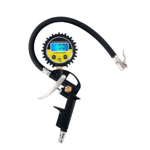 Dunlop Manometro digitale per pneumatici – Misura PSI/BAR/KPA/KG – Funziona a batterie – Tubo dell'aria da 30 cm – Adatto alla maggior parte dei compressori d'aria – auto, bicicletta, moto e camion