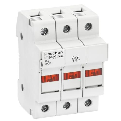 Heschen Supporto per fusibile cilindrico RT18-32(X) 32A AC690V, 3P, montaggio guida DIN per RT18 RO15 fusibile 10 x 38 mm conforme alle norme CE UL