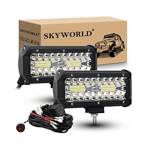 SKYWORLD 2 Pcs Faro da Lavoro led con 12v cablaggio, 18 cm 120W Spot Luci di Lavoro Fuoristrada Faretti Fendinebbia per Trattore Auto Camion Barca 4x4 ATV UTV, Impermeabile 6000K Bianca