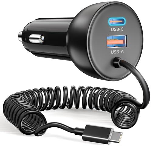 75W Caricabatterie Auto USB-C/A con Cavo a Spirale 1.2m Type-C, Caricatore USB Accendisigari 12V Presa Accessori Adattatore per iPhone 17 16 16e 15 Pro Max, Samsung Galaxy S25 S24 Ultra, iPad, Pixel