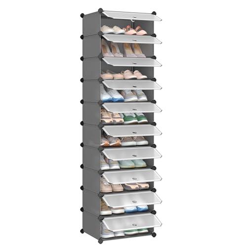 SONGMICS Scarpiera a 10 Scomparti, Scaffale Componibile in Plastica, Armadietto Portascarpe Fai da Te con Ante e Martelletto, Mobiletto Porta Scarpe, Grigio LPC010G01