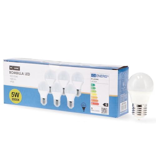 M Ledme - Confezione da 6 lampadine LED E27 G45 5W, luce calda (3000k), attacco E27, 450 lumen, IP20, apertura fascio luminoso 200°, efficienza energetica e basso consumo. Modello LM7603