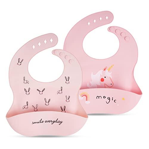 Vicloon Bavaglini Silicone, 2 Pezzi 3D Impermeabile Senza BPA, Pappa Svezzamento con Tasca Raccoglipappa, 4 Misure Regolabili, per Bambini e Neonati, Coniglio e Cavallo