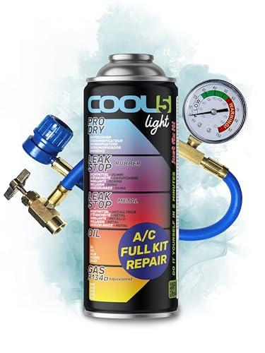 COOL5 LIGHT Refrigerante sostitutivo r134a per impianti di climatizzazione auto – 1 bomboletta 5in1, 235 g + tubo di pressione con manometro