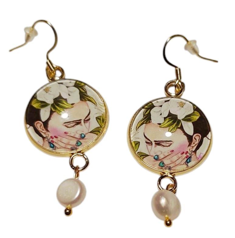 Orecchini Dipinti Con Pietre naturali Cabochon, Idea Originale per Regalo Natale,Fatto a Mano, Gioielli Donna (Frida Fiume)