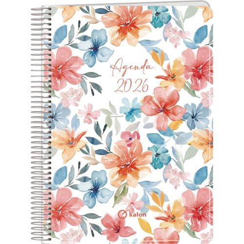 Q Kalon - Agenda 2026 - Vista Settimanale Verticale, Formato A5 (15x21 cm), Planner Multilingue (ESP, ING, FR, DE), Rilegatura ad Anelli, Copertina Cartoncino e Protezione Plastica - Garden