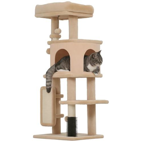 PawHut Albero Tiragraffi Multilivello Alto 104 cm, Palestra per Gatti con Casetta, Lettino per Gatti, Pali Tiragraffi, Piattaforma, Spazzola e Pallina, Dispositivo Antiribaltamento, Beige