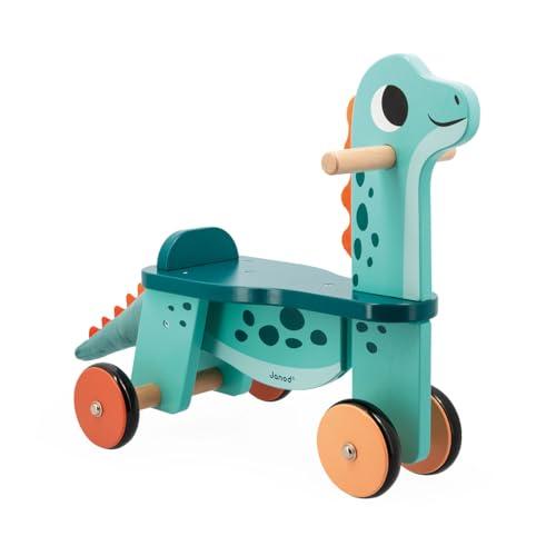 Janod- Dino Cavalcabile Dinosauro Portosauro-Altezza Sedile 21 cm-Coda Peluche Removibile-Giocattolo Multisensoriale Legno FSC-dai 12 Mesi, J05828, Multicolore