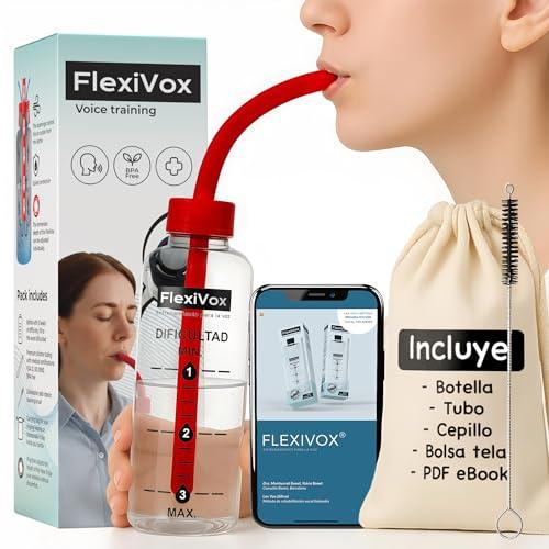 FlexiVox®, kit per allenamento vocale | Utilizzato in logopedia e terapia della voce con talco asettico + Bottiglia graduata + Spazzolina + Borsa + eBook digitale + Tappo regolabile (Rosso Brillante)