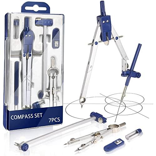 Set di 7 Pz Compasso Scuola Media Elementare e Superiore, Compasso Professionale Include Astuccio, Accessori e Tubetto Mine Compasso, per Studenti e Insegnanti - Materiale Scolastico