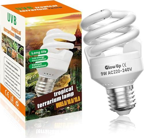 GlowUp 9W UVB 5.0 E27 Lampada per Tartarughe e Rettili AC220-240V, Lampadina Fluorescente UVA UVB per Acquario, Contenitore di Vetro, Mangiatoia, Tartaruga, Serpente (1Pcs)