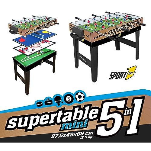 Sport1 Supertable Mini. Calcetto multigioco 5 in 1. Calcetto balilla misure 97,5x48x69cm. Bigliardino da casa multiuso: 3 vs 3, ping pong, hockey, biliardo, curling. Completo di accessori.