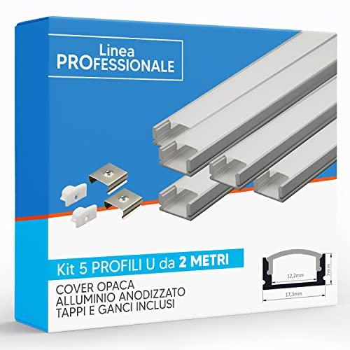 Eurekaled - 5 Profilo in Alluminio U da 2 metri per Strisce LED con Copertura OPACA cod. 1189
