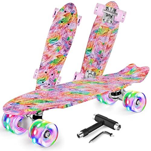 BELEEV Mini Cruiser LED Skateboard 22 Inch (56cm) per Bambini, Giovani e Adulti - Completo con Ruote e All-in-One Skate T-Tool per Principianti