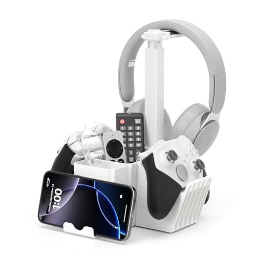 KDD Supporto per Controller Doppio, Porta Cuffie da Scrivania Universale con Supporto Telefono, Porta Controller Multifunzionale, Organizer Da Scrivania per Penna Telecomando Xbox ONE PS4 PS5 Bianco