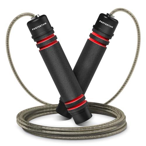 PORTENTUM Corda per Saltare Professionale Speed Corda Crossfit di Salto Regolabile con la Maniglia di Schiuma di Memoria Molle e Cuscinetti a Sfera, Regolatore di Lunghezza per Fitness, Boxe