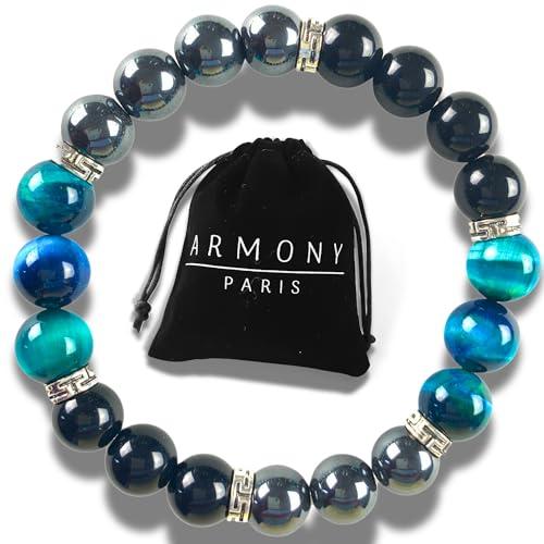 Bracciale Pietre Naturali Chakra Uomo Donna Chakra Occhio di tigre blu turchese Ematite Ossidiana nera Perline da 10 mm