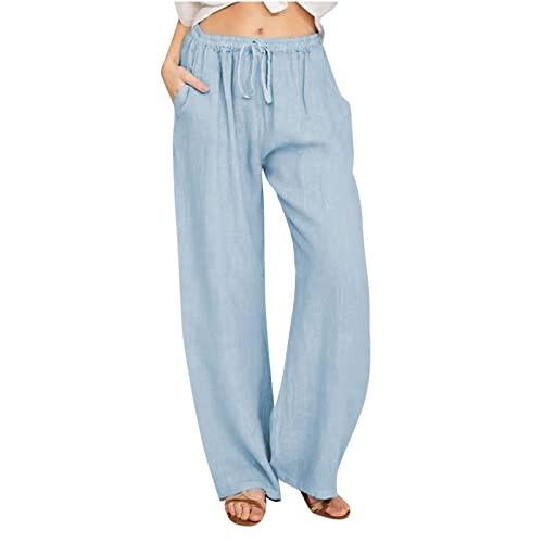 KHIRVWL Offerte Lampo del Giorno Pantaloni Donna Estivi Casual Cotone e Lino Lunghi Larghi con Gamba Dritta Elastica con Coulisse Vita Alta Pantalone Elegante Tinta Unita Pants con Tasche per Ladies