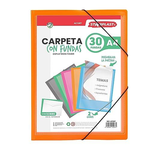 Starplast Cartelle con Buste - Cartelle in Plastica, Archiviatore, Portadocumenti, Chiusura Elastica, Formato A4, per Uso Scolastico e Ufficio - 30 Buste Arancioni