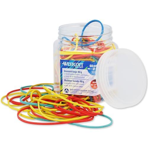 Westcott Elastici 80 g | Circa 170 elastici colorati di diverse dimensioni in un pratico contenitore di plastica | ⌀ 60 mm, 50 mm e 38 mm | E-10581 00