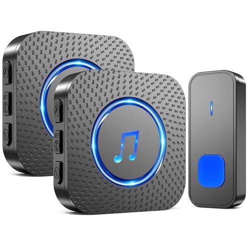 SURFOU Campanello Senza Fili da Esterno Interno, Campanello Casa Wireless con 2 Ricevitori, Pulsante a Lunga Distanza di 400m, 55 Suonerie, 5 Volumi Selezionabili, Indicatore LED, Nero