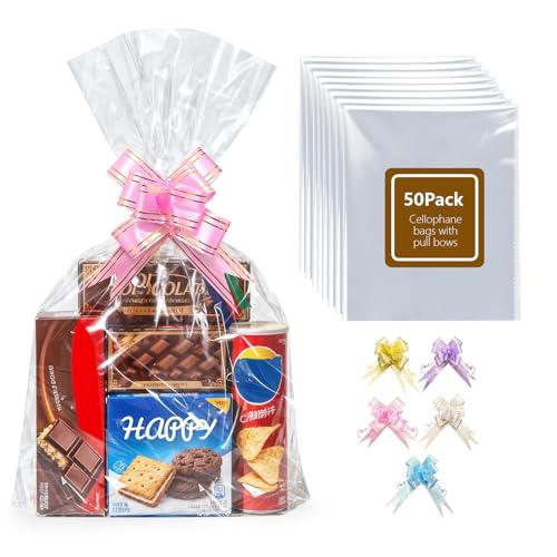 Boensi 50 Pezzi Sacchetti di Cellophane con Fiocchi, 40x50 cm Sacchetti Regalo Trasparenti per Cesti Regalo, Halloween, Pasqua, Natale, Cesti di Frutta e Confezioni Regalo