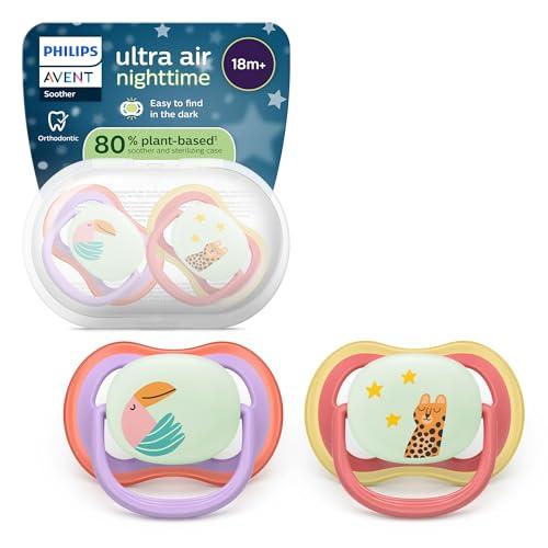 Philips Avent chupetes ultra air para la noche: diseño anatómico, para bebés a partir de 18 meses, brillo en la oscuridad, tetina simétrica de silicona extrafirme, sin BPA, paquete de 2, SCF376/33