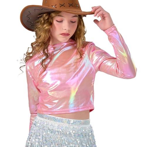 LOLANTA Top Corto Metallizzato da Bambina, Mezza Dolcevita, Maglia da Ballo Scintillante e Scintillante per Hip Hop, Disco, palco e Feste, Rosa, 6-7 Anni, 130