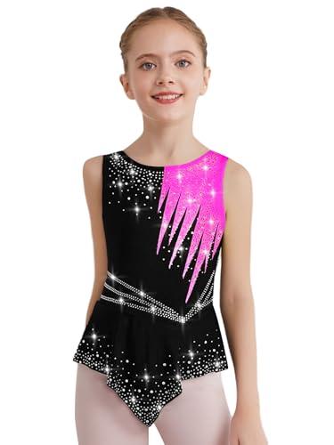 Freebily Body Ginnastica Ritmica Bambina Balletto Leotards Strass Body Danza Classica Ballerina Vestito da Pattinaggio Artistico Senza Maniche Bodysuit da Spettacolo Rosa caldo 9-10 anni