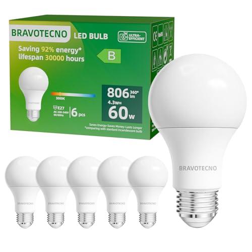bravotecno Lampadine LED E27, Classe Energetica B, E27 LED Luce Calda 3000K, 4,3W 806LM A60, Equivalente a 60W, Angolo di Illuminazione 360°, Non Dimmerabile, Basso Calore & Lunga Durata, 6 Pezzi