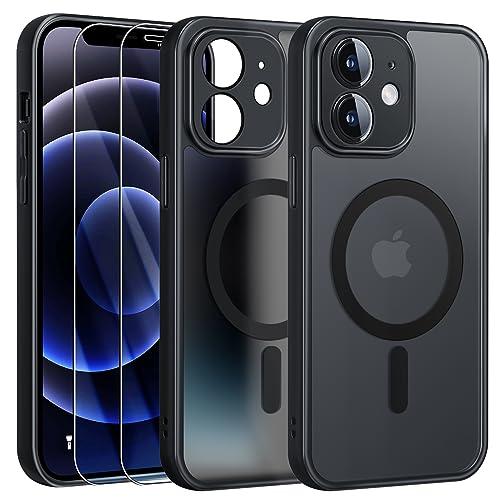 FLLAO Cover Magnetica per iPhone 12 Custodia e 2 Pellicole in Vetro Temperato, Compatibile con Magsafe, Traslucida Opaca Posteriore Sottile Antiurto Protettiva Case, Nero