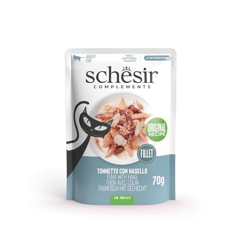 Schesir, Filetti di Tonno con Nasello in Gelatina, Cibo Umido Complementare per Gatti, Ricetta Originale, 100% Naturale, 12 buste da 70g