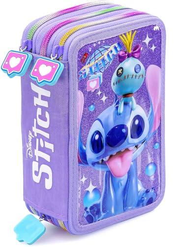 Clondo Astuccio 3 Scomparti, 45 Pezzi, Per Stitch Fan Glitter 3D, 2 Penne Gel Cancellabili, Colla, Forbici, Pastelli 4.0, 3 Zip, Bambina, Scuola e Regalo, Lilla, Con Scrump