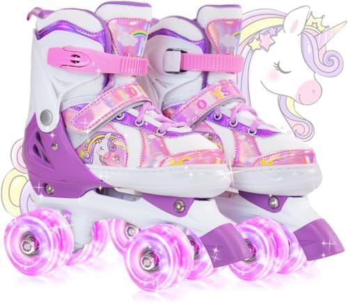 OLYSPM Pattini a Rotelle Bambina,Pattini a 4 Ruote Regolabili in 4 Misure con 8 Ruote Lampeggianti per Ragazzi,Ragazze e Principianti(Viola)