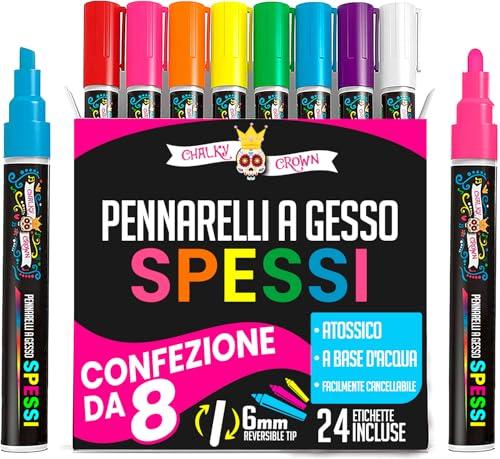 Chalky Crown - Pennarello Lavagna Cancellabili con Punta Grossa - Pennarelli a Craie Liquida per Lavagne - Colori Intensi, Punta Reversibile 6 mm (8 Pezzi) - 24 Etichette per Lavagna Incluse