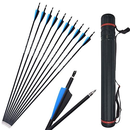 SHARROW 12pcs Freccia di Carbonio 30 Pollici Spine 500 Tiro con L'Arco in Carbonio Frecce per Arco Compound Ricurvo (Blu+ faretra Freccia)