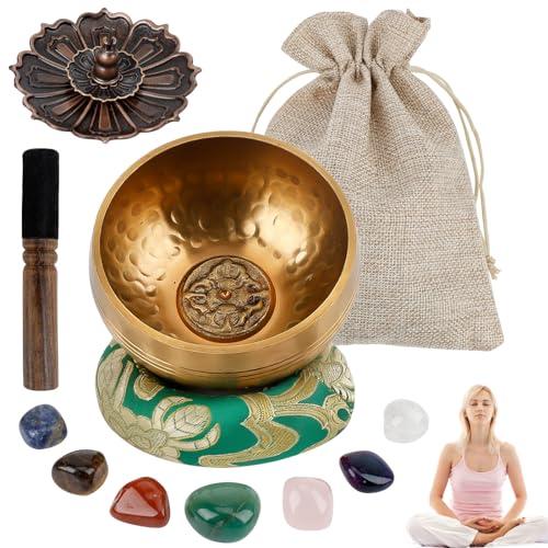 8cm Campana Tibetana, 7 Pizze Set con Campana Tibetana con Battente a Doppia Superficie e Cuscino di Seta, Sacchetto per Yoga, Meditazione e Relax