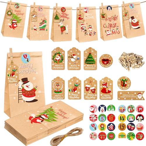 JAADU Calendario dell’Avvento Fai da Te, 24 Calendario dell'Avvento da riempire, calendario avvento, da Comporre con 1-24 Adesivi Numeri, 24 Clip e Corda di Canapa