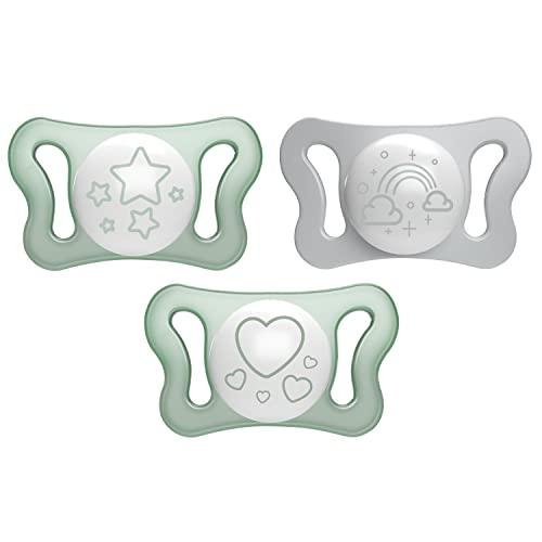 Chicco PhysioForma Micrò Lumi, Succhietto per Neonato Luminescente al Buio, Leggero con Tettina Mini, Forma Ergonomica, Supporta il Corretto Sviluppo della Bocca, 0-2 Mesi, 2 Pezzi, Neutro
