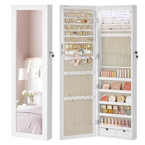 SONGMICS Specchio Portagioie con 6 Luci a LED, Alto 120 cm, Armadietto Portagioie da Parete o Porta con Chiusura e Specchio, 2 Cassetti, 10 x 37 x 120 cm, Natale, Bianco e Cappuccino Beige JJC093W01
