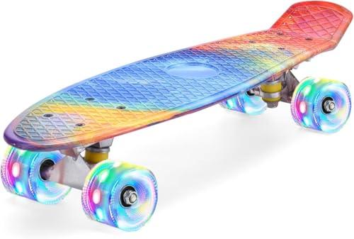 ERNAN Skateboard 22in Mini Cruiser Skateboard Completo retrò per bambini, ragazzi, adolescenti, adulti, principianti, ruote luminose a LED,carico massimo 99,8 kg (Rainbow)