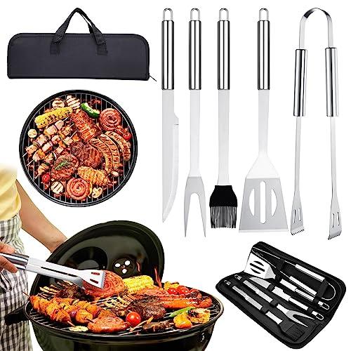 GWHOLE Set Barbecue,5 Utensili Barbecue Attrezzi BBQ Posate in Acciaio Inossidabile Utensili per Grill con Valigetta, Kit Barbecue Barbecue Accessori per Natale, Compleanno, Uomo