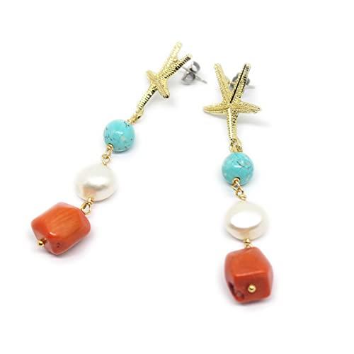 Orecchini pendenti a perno con stella marina turchese perla e corallo